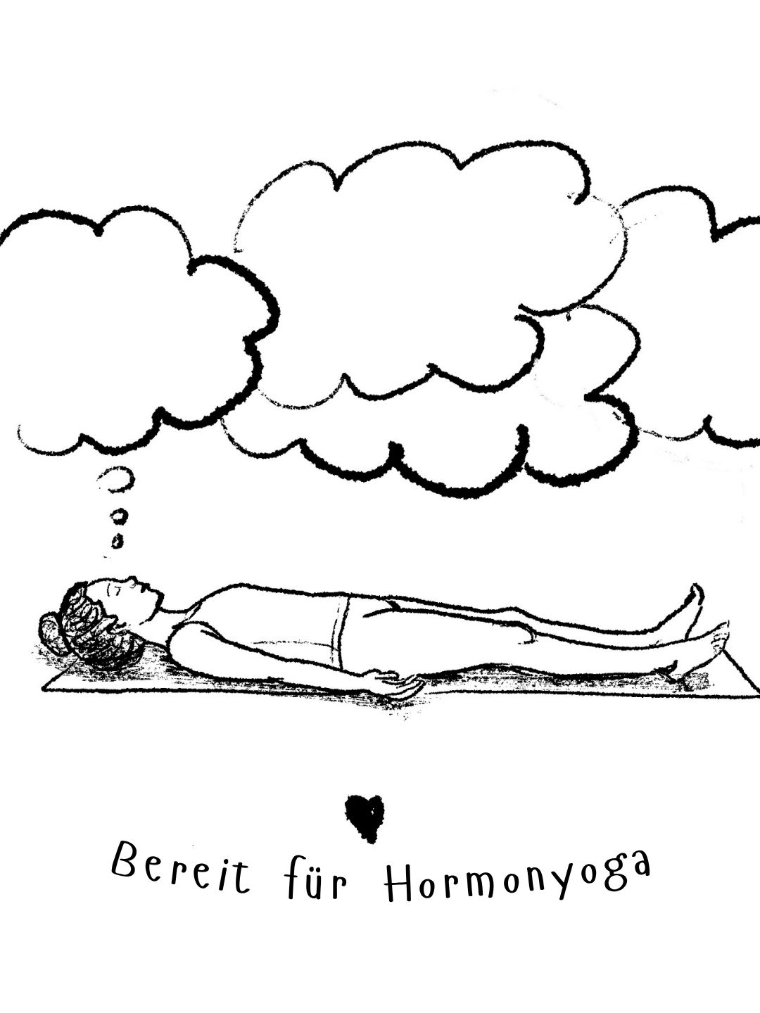 Frau im Savasana mit vielen Gedanken, viel Stress und Unruhe, bereit für Hormonyoga
