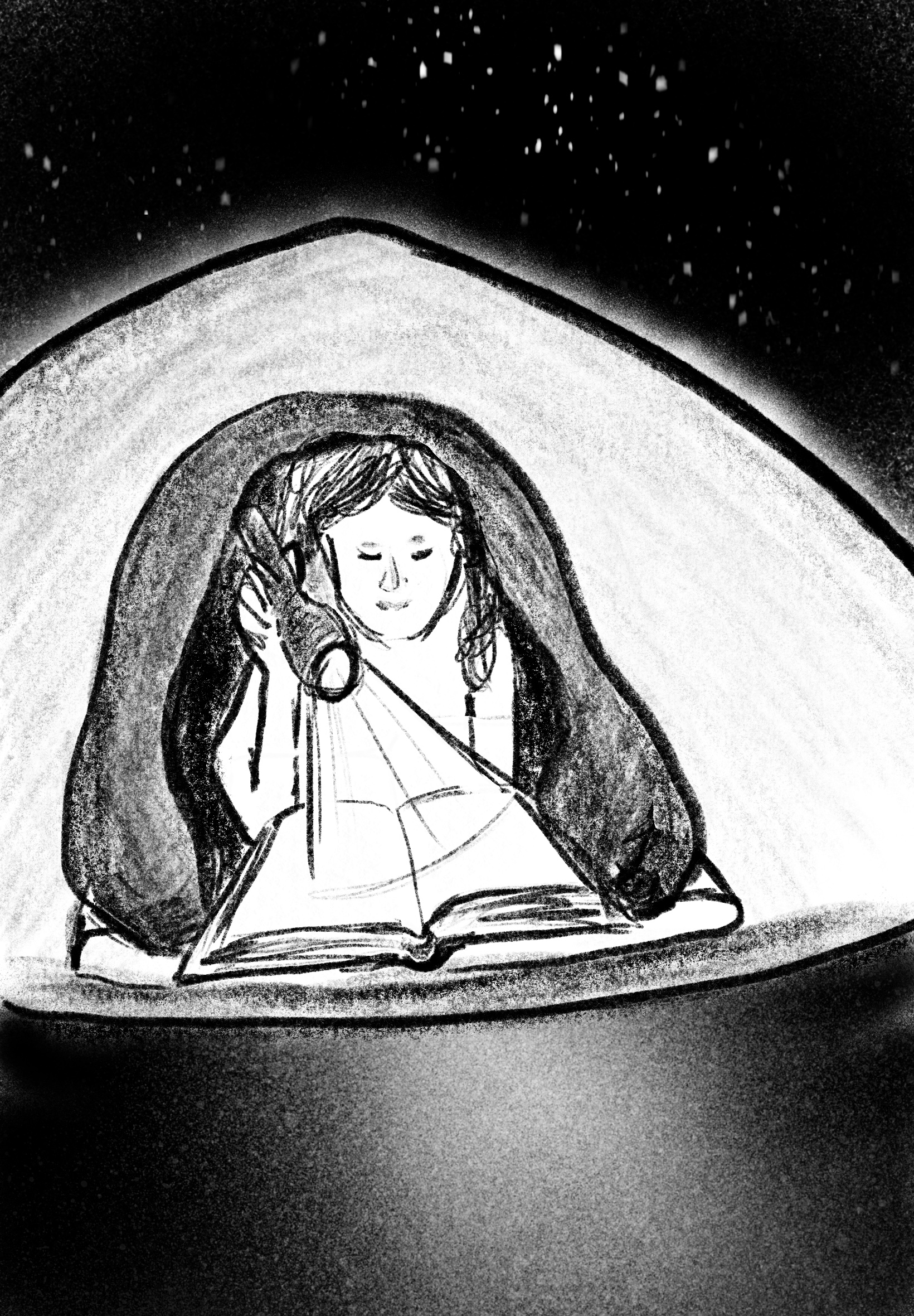 Person in a tent reading with a flashlight